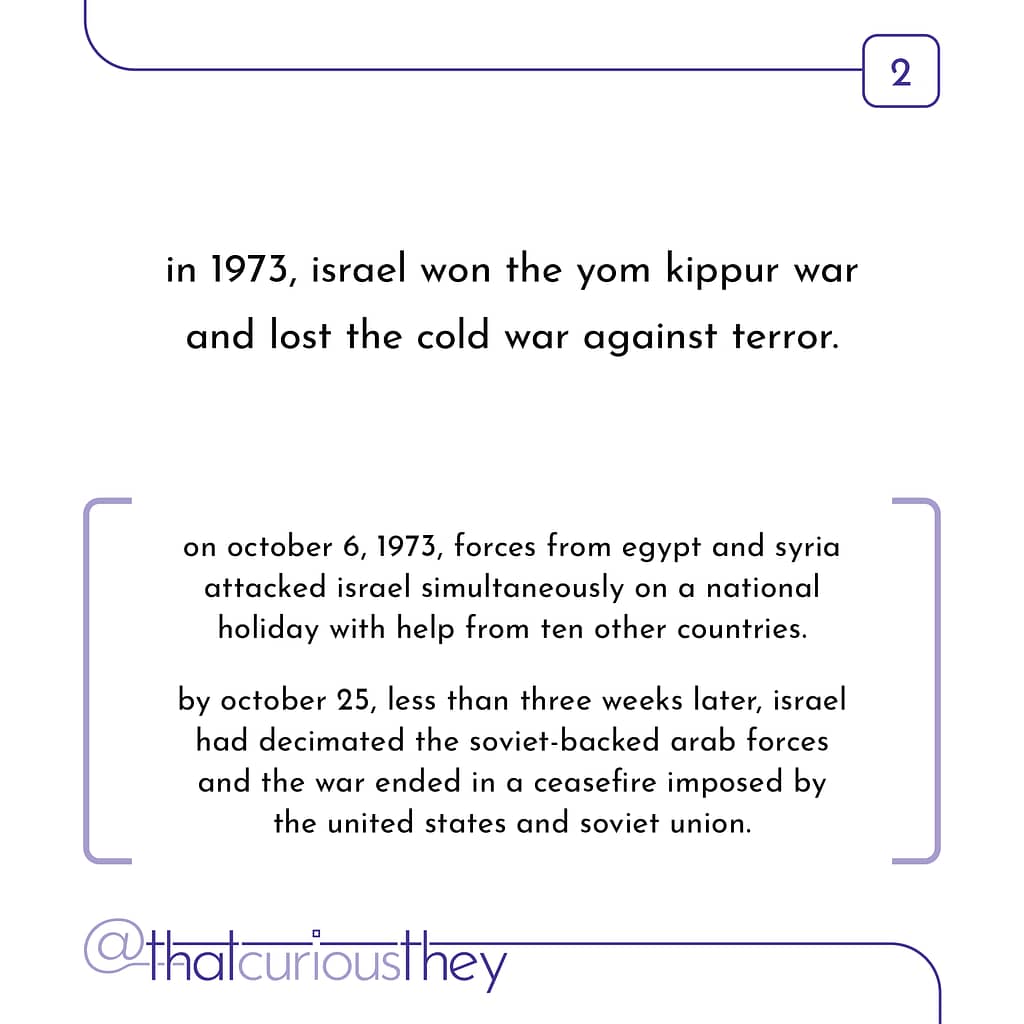 in 1973, israel won the yom kippur war and lost the cold war against terror. on october 6, 1973, forces from egypt and syria attacked israel simultaneously on a national holiday with help from ten other countries. by october 25, less than three weeks later, israel had decimated the soviet-backed arab forces and the war ended in a ceasefire imposed by the united states and soviet union.