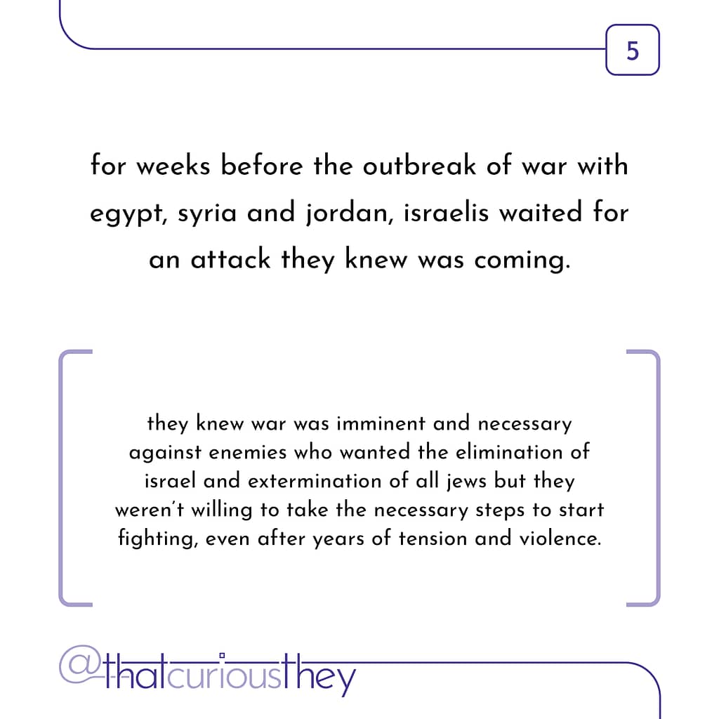 for weeks before the outbreak of war with egypt, syria and jordan, israelis waited for an attack they knew was coming. they knew war was imminent and necessary against enemies who wanted the elimination of israel and extermination of all jews but they weren\&#039;t willing to take the necessary steps to start fighting, even after years of tension and violence.