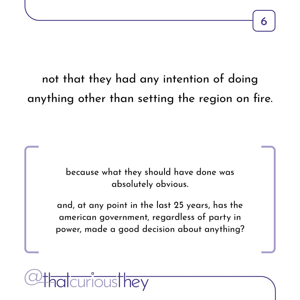 not that they had any intention of doing anything other than setting the region on fire. because what they should have done was absolutely obvious. and, at any point in the last 25 years, has the american government, regardless of party in power, made a good decision about anything?