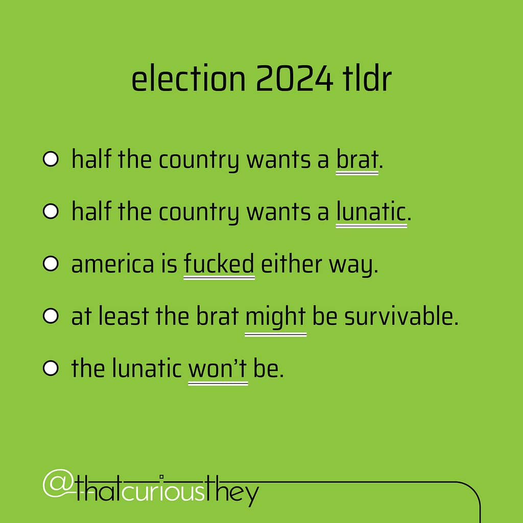 election 2024 tIdr - half the country wants a brat. - half the country wants a lunatic. - america is fucked either way. - at least the brat might be survivable. - the lunatic won't be.